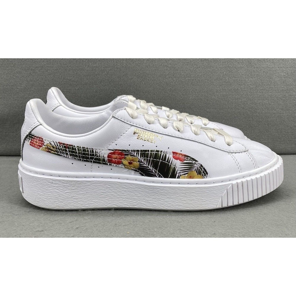 Puma Basket White Aloha Print Platform Sneakers Shoes 6C Kids = Women’s 7